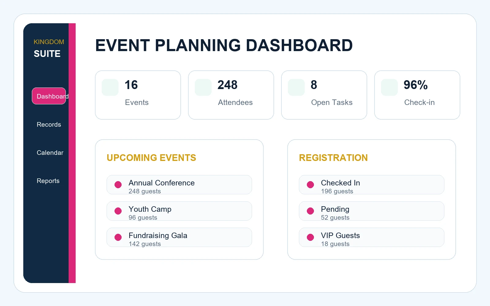 Event Planning software preview showing Projects, Registration, Attendees