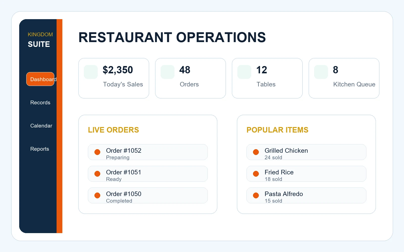 Restaurant Management software preview showing POS and receipts, Kitchen display, Menus and modifiers