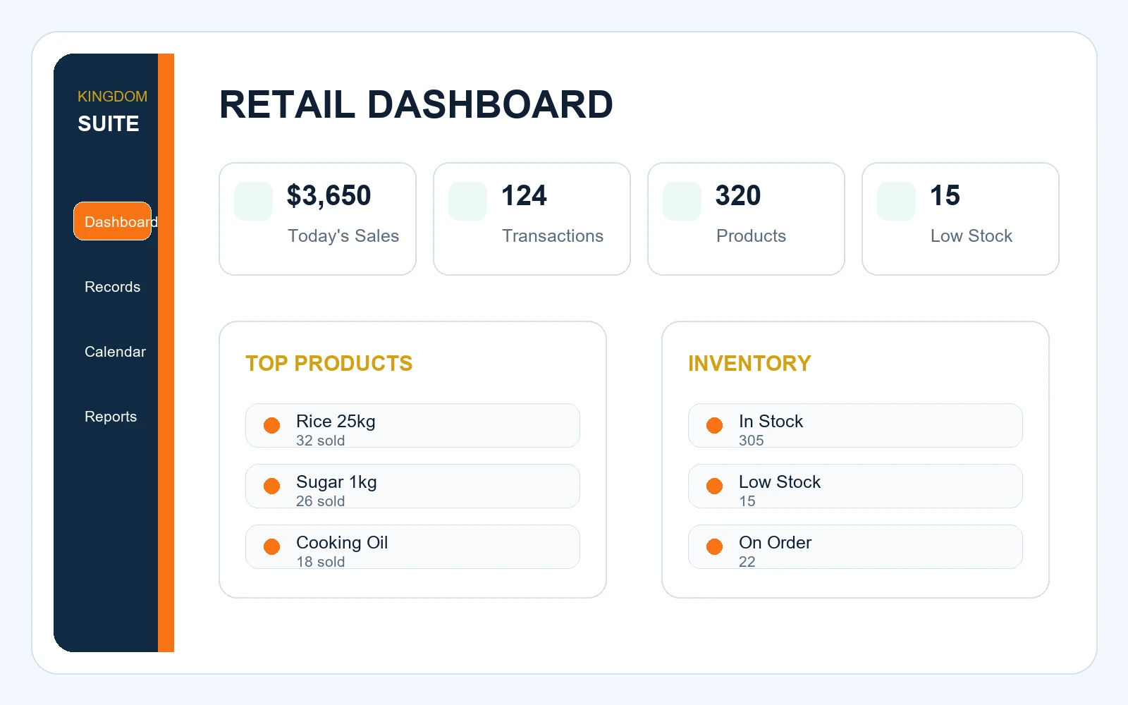 Retail Management software preview showing Stores and warehouses, POS and receipts, Products and variants